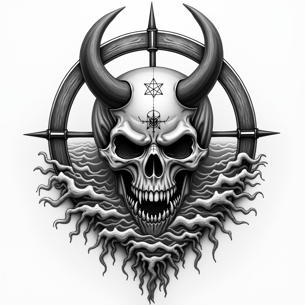 Can u create a compass in rough ocean demonstrating the ability to navigate through rough timescreepy horror tattoo style, featuring an eerie and unsettling skull of a demonic creature, distorted face with sharp fangs, add pentagram symbol - Variation 2