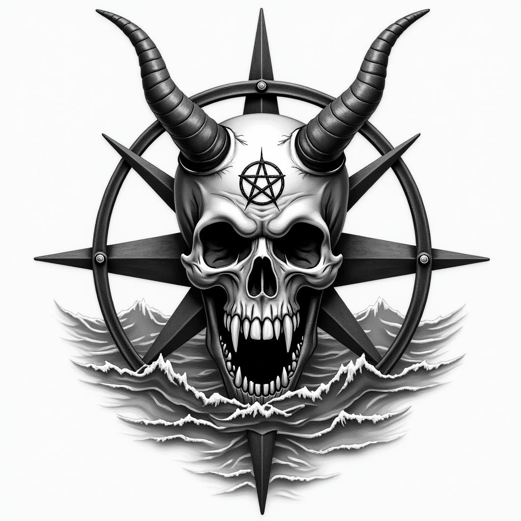 Can u create a compass in rough ocean demonstrating the ability to navigate through rough timescreepy horror tattoo style, featuring an eerie and unsettling skull of a demonic creature, distorted face with sharp fangs, add pentagram symbol