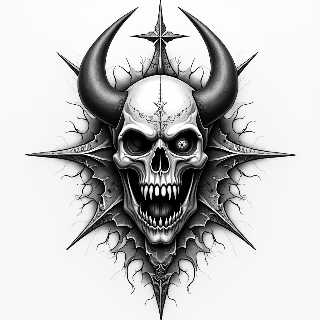 Can u create a compass in rough ocean demonstrating the ability to navigate through rough timescreepy horror tattoo style, featuring an eerie and unsettling skull of a demonic creature, distorted face with sharp fangs, add pentagram symbol - Variation 3