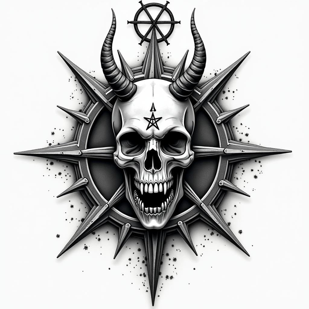 Can u create a compass in rough ocean demonstrating the ability to navigate through rough timescreepy horror tattoo style, featuring an eerie and unsettling skull of a demonic creature, distorted face with sharp fangs, add pentagram symbol - Variation 4