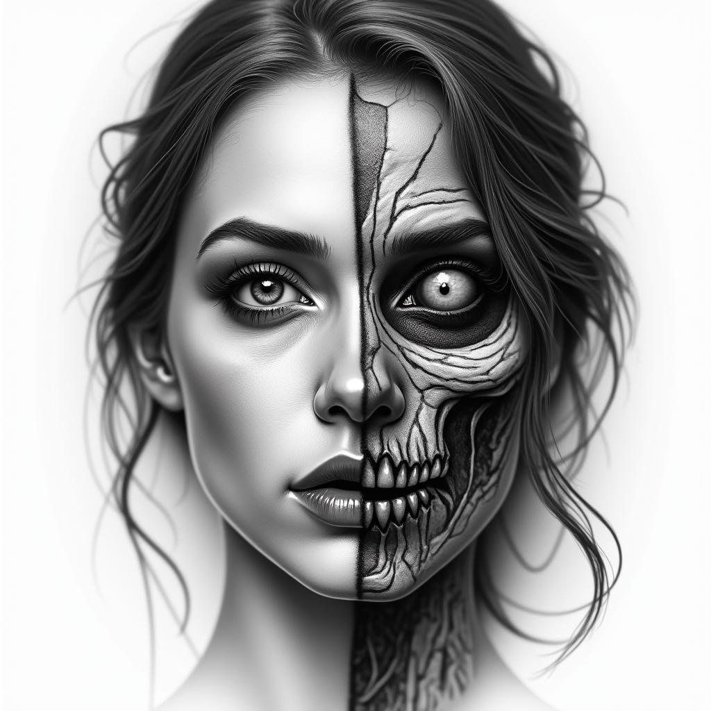 Make me a face, one side is a beautiful woman and the other side is a zombiein realism tattoo style, featuring a highly detailed, lifelike, capturing every detail, photorealistic, ultra realistic, intricate shading, smooth and sharp,   - Variation 4