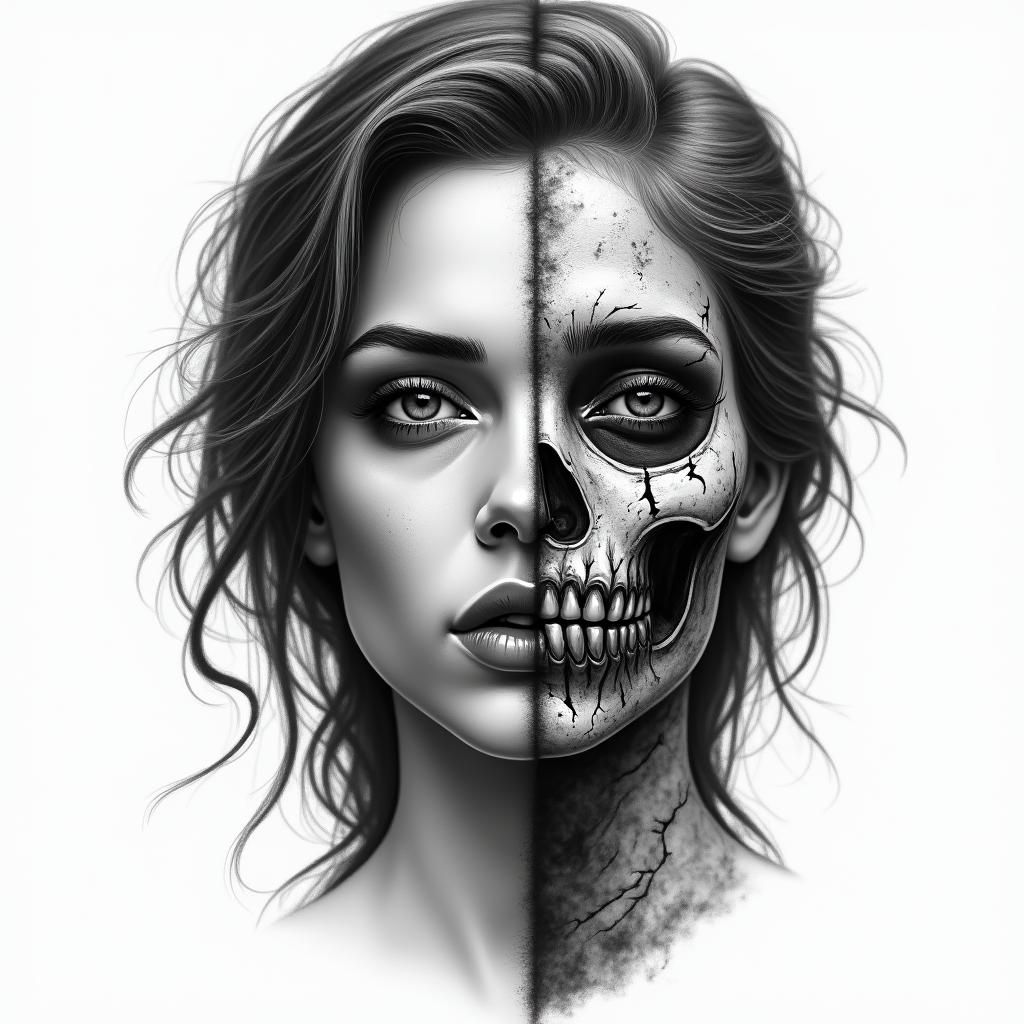 Make me a face, one side is a beautiful woman and the other side is a zombiein realism tattoo style, featuring a highly detailed, lifelike, capturing every detail, photorealistic, ultra realistic, intricate shading, smooth and sharp,   - Variation 3