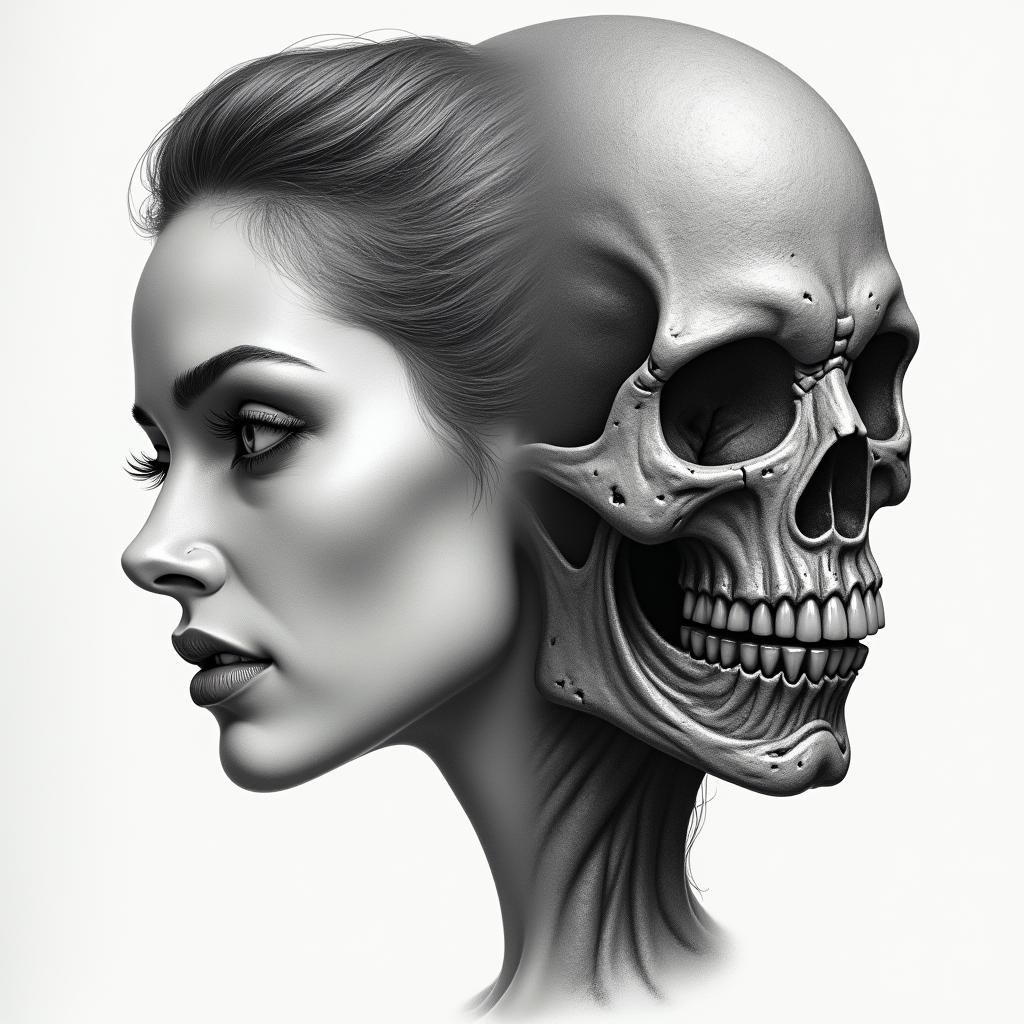 Make me a face, one side is a beautiful woman and the other side is a zombiein realism tattoo style, featuring a highly detailed, lifelike, capturing every detail, photorealistic, ultra realistic, intricate shading, smooth and sharp,   - Variation 2