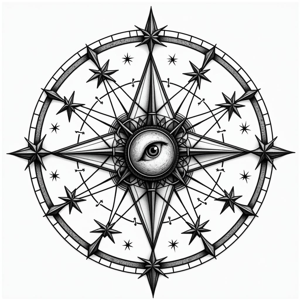 Compass, star chart, moon, pentagramin prophecy tattoo style, featuring mystical symbols, celestial imagery like stars, moons, suns, geometric patterns, foretelling elements, an eye of wisdom - Variation 2