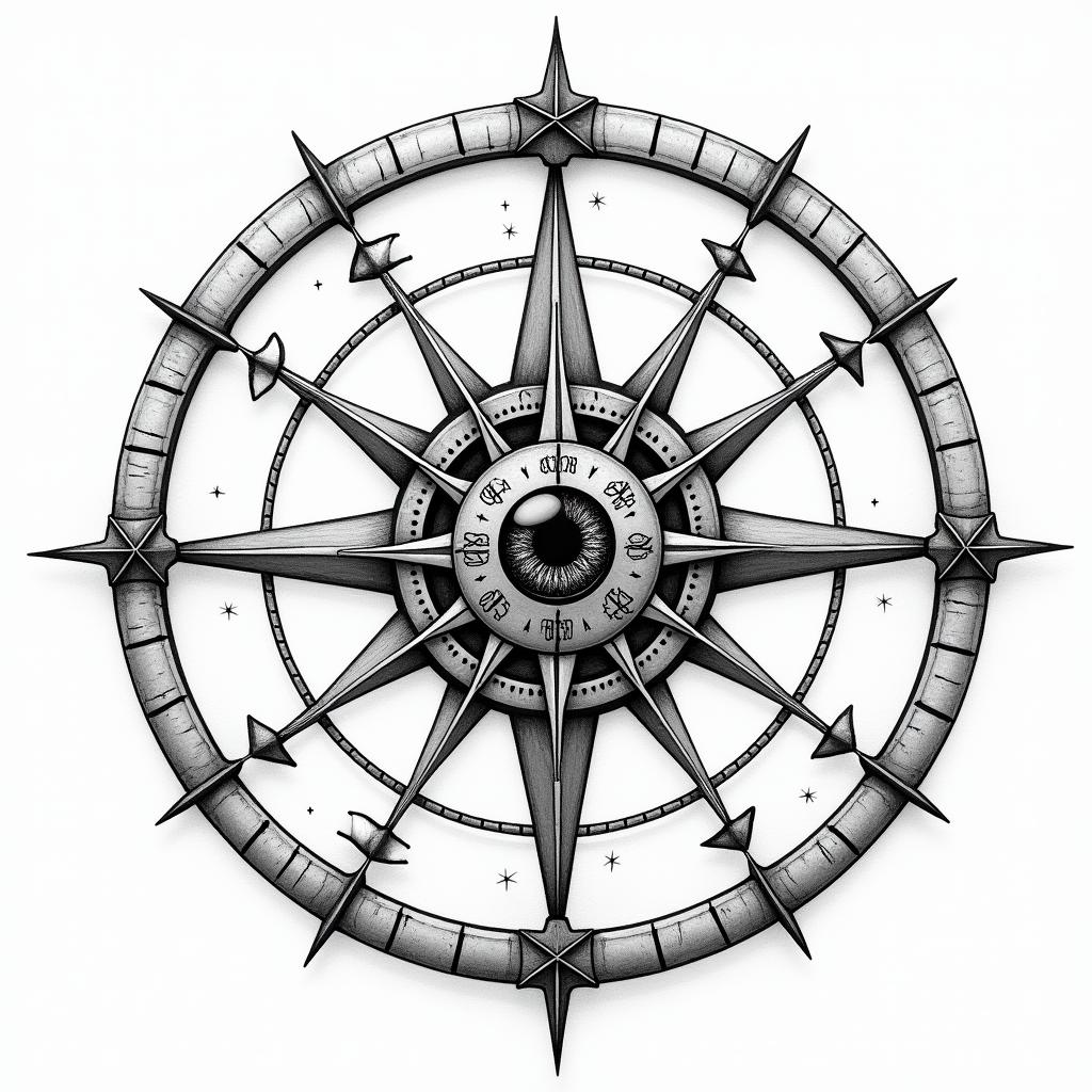 Compass, star chart, moon, pentagramin prophecy tattoo style, featuring mystical symbols, celestial imagery like stars, moons, suns, geometric patterns, foretelling elements, an eye of wisdom - Variation 4