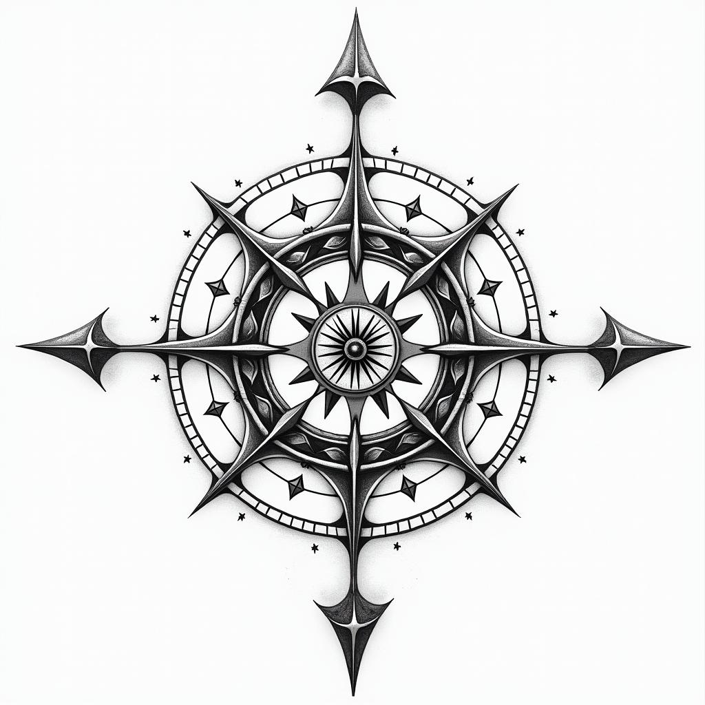 Compass, star chart, moon, pentagramin prophecy tattoo style, featuring mystical symbols, celestial imagery like stars, moons, suns, geometric patterns, foretelling elements, an eye of wisdom