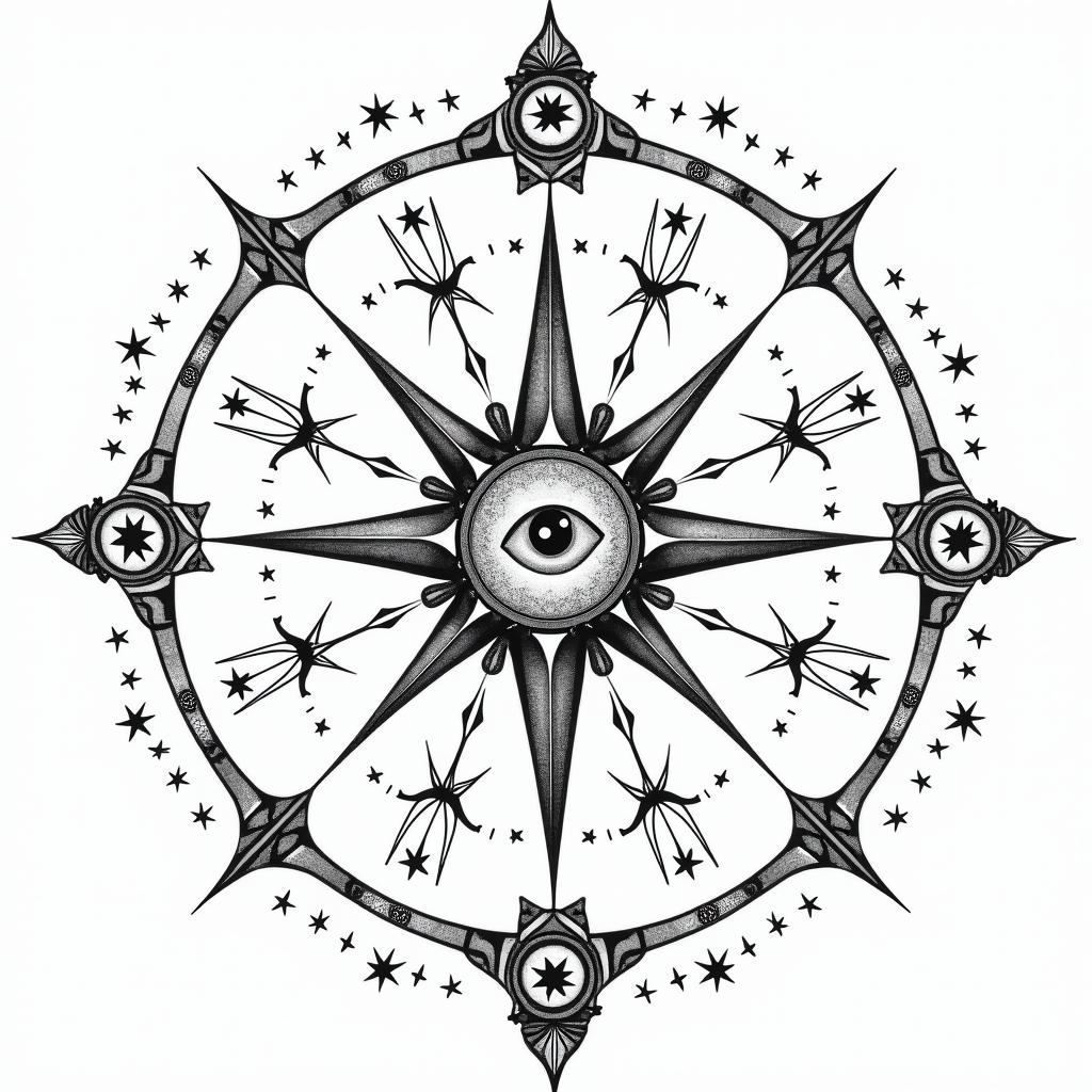 Compass, star chart, moon, pentagramin prophecy tattoo style, featuring mystical symbols, celestial imagery like stars, moons, suns, geometric patterns, foretelling elements, an eye of wisdom - Variation 3