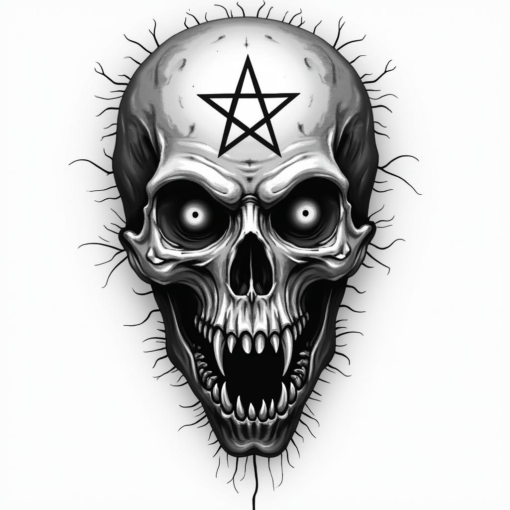 Pelleteuse caterpillarcreepy horror tattoo style, featuring an eerie and unsettling skull of a demonic creature, distorted face with sharp fangs, add pentagram symbol - Variation 2