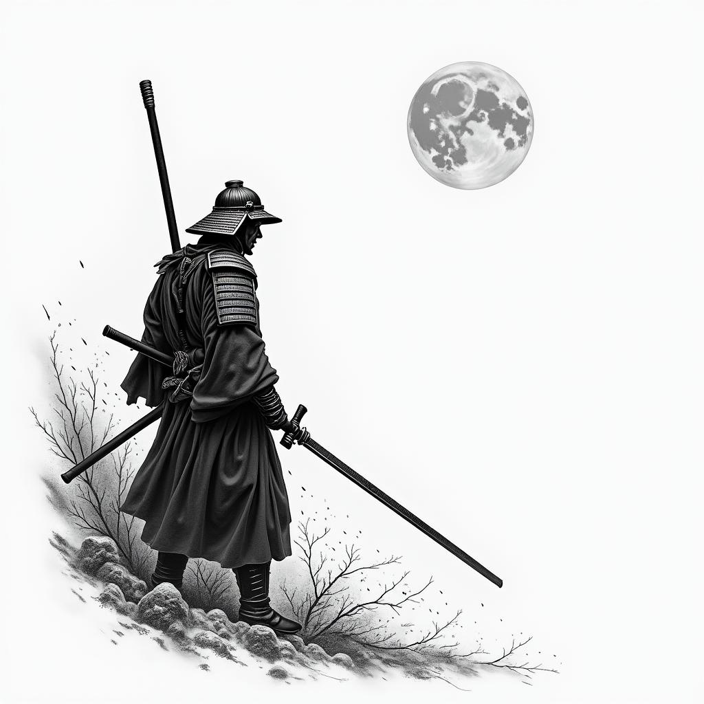 Japanese battle scene. 1 lone soldier leftin japanese style tattoo, detailed tattoo, traditional japanese culture tattoo, mythology, 8k - Variation 2