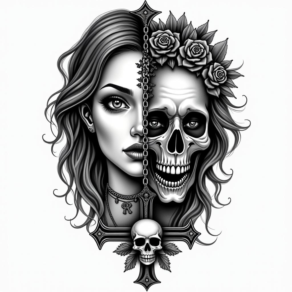 Make me a face, one side is a beautiful woman and the other side is a zombiein chicano style tattoo, featuring intricate black and grey shading, bold elements of traditional chicano culture symbols, add a big cross with skull, chains and roses