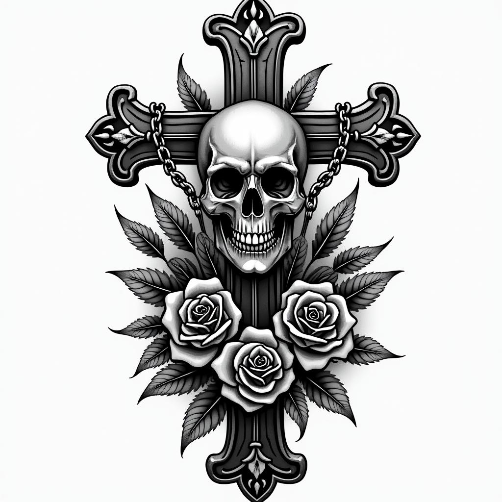 Family strong man suffering futurein chicano style tattoo, featuring intricate black and grey shading, bold elements of traditional chicano culture symbols, add a big cross with skull, chains and roses