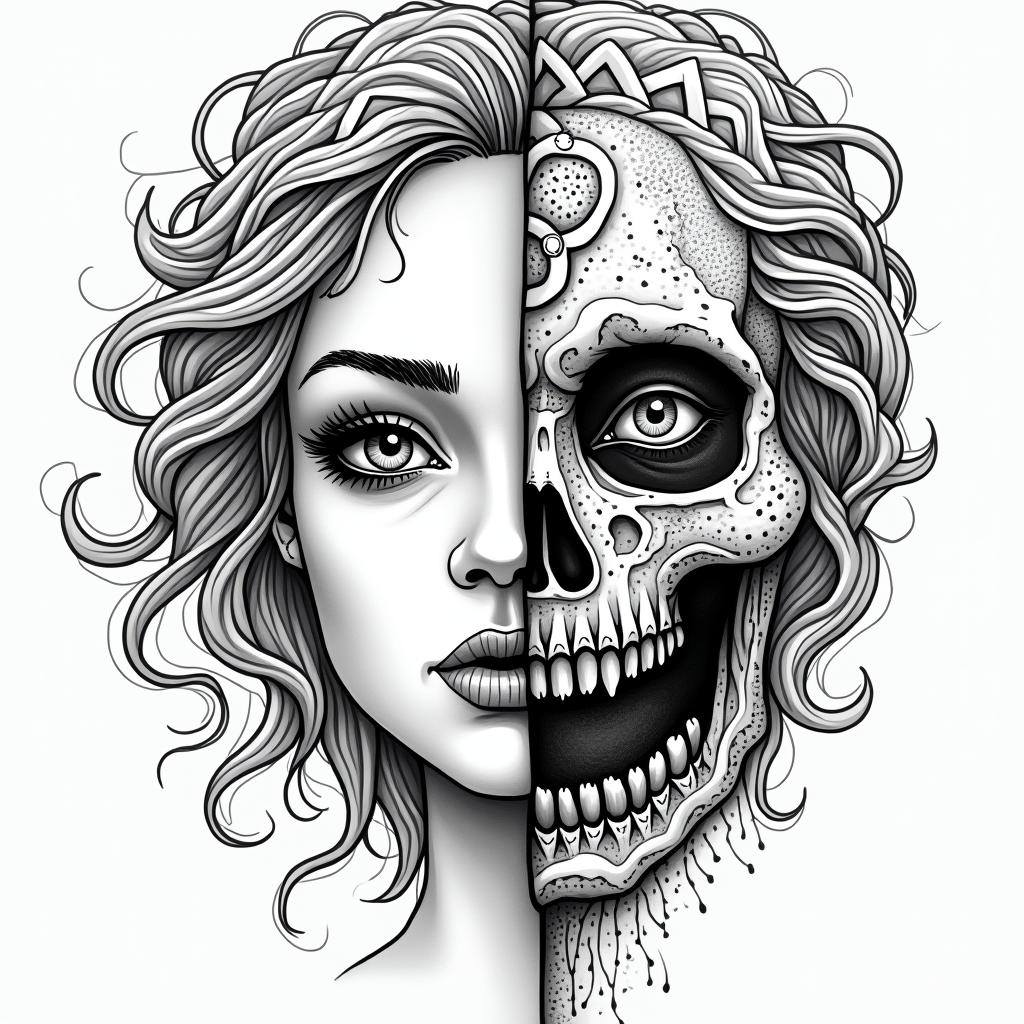 Make me a face, one side is a beautiful woman and the other side is a zombiein dotwork style tattoo, complex mandala patterns, interlocking geometric shapes with sharp symmetry, clean lines, sharp angles