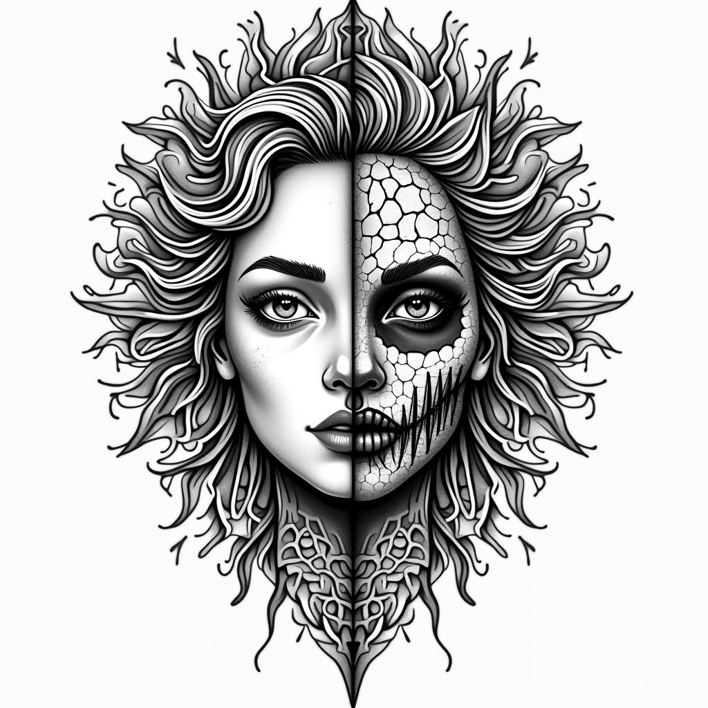 Make me a face, one side is a beautiful woman and the other side is a zombiein dotwork style tattoo, complex mandala patterns, interlocking geometric shapes with sharp symmetry, clean lines, sharp angles - Variation 3