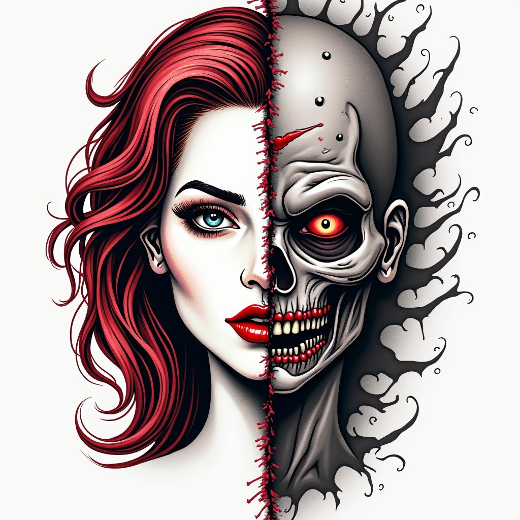 Make me a face, one side is a beautiful woman and the other side is a zombiein pop art style tattoo, featuring bold and vibrant colors, exaggerated outlines, iconic imagery, inspired by comic books and speech bubbles, comic book characters, retro pop culture