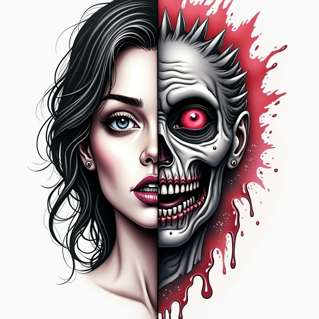 Make me a face, one side is a beautiful woman and the other side is a zombiein pop art style tattoo, featuring bold and vibrant colors, exaggerated outlines, iconic imagery, inspired by comic books and speech bubbles, comic book characters, retro pop culture - Variation 2