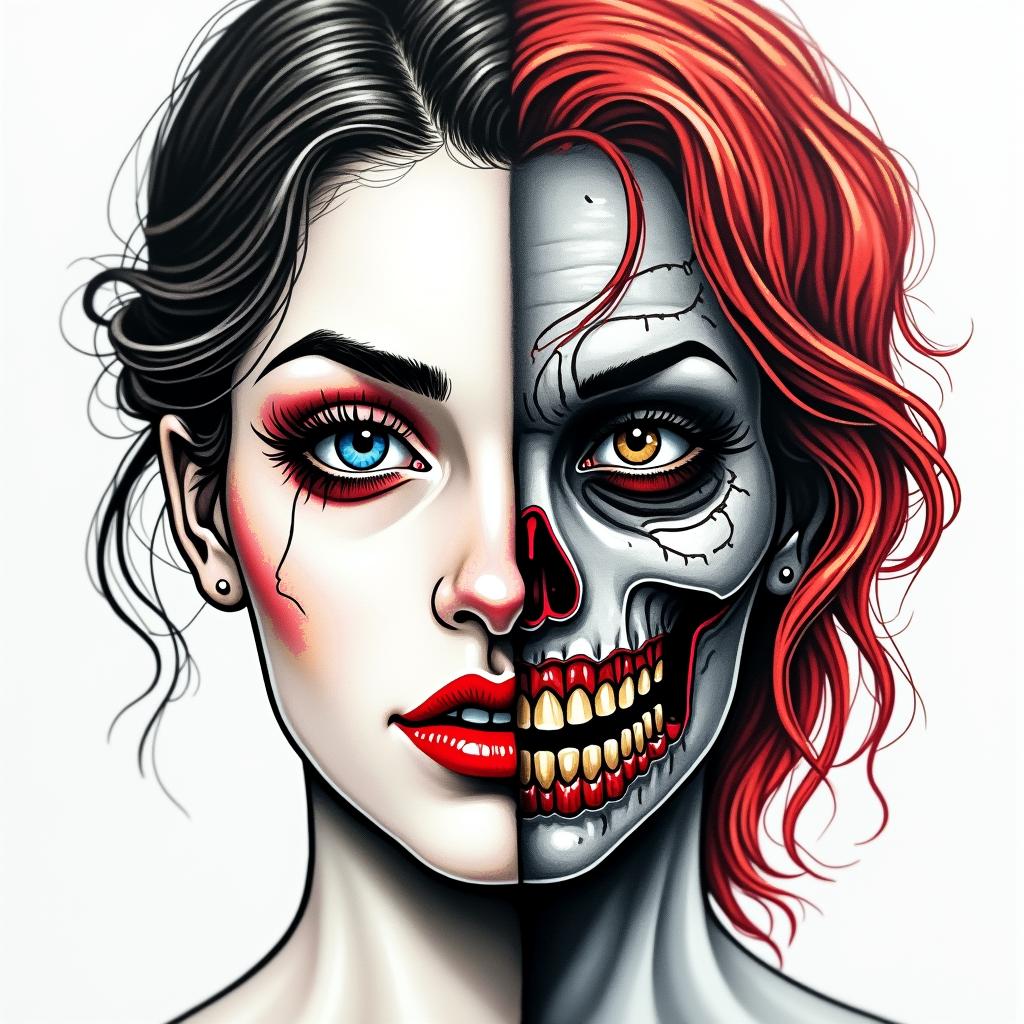 Make me a face, one side is a beautiful woman and the other side is a zombiein pop art style tattoo, featuring bold and vibrant colors, exaggerated outlines, iconic imagery, inspired by comic books and speech bubbles, comic book characters, retro pop culture - Variation 4