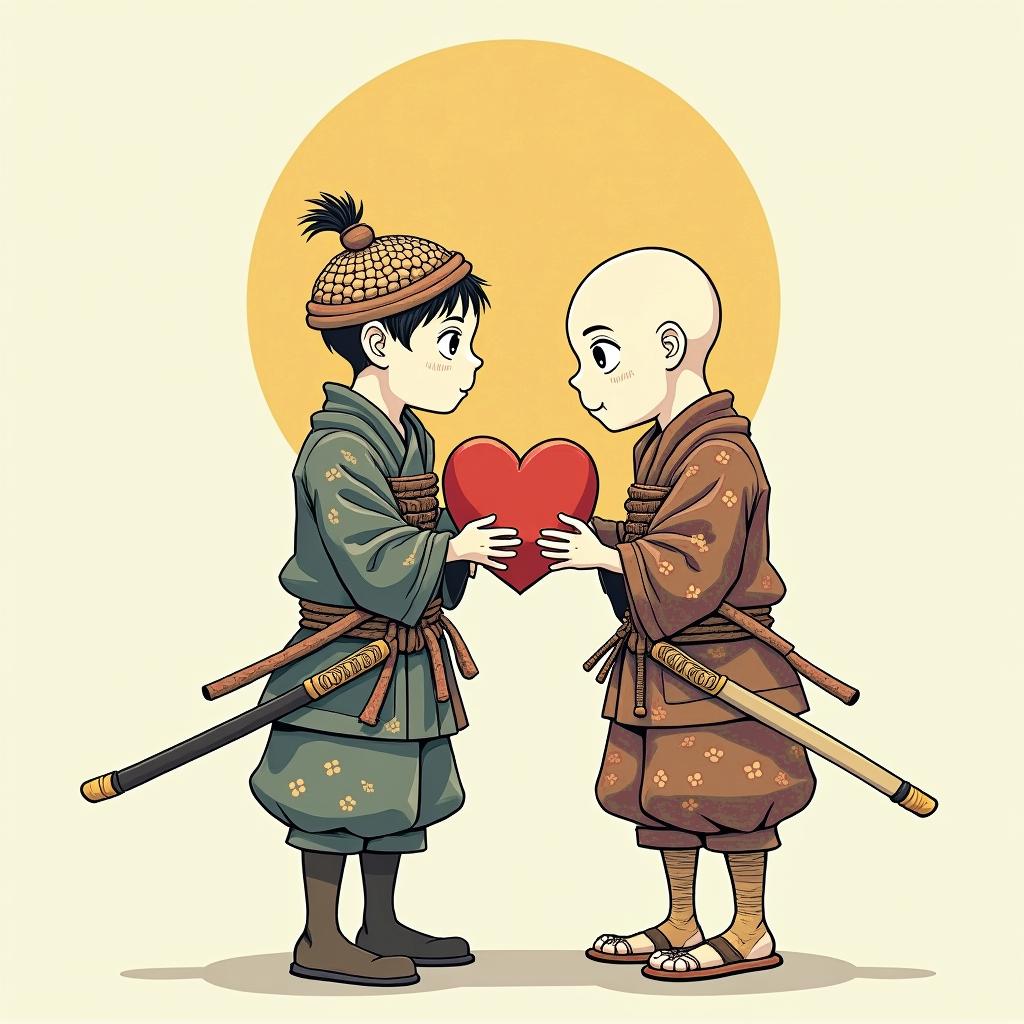 Samurai brain fighting samurai heartGhibli, Studio Ghibli aesthetic, hand-drawn anime style, retro nostalgic atmosphere, retro soft pastel color palette with earthy tones, retro Japanese cinematic shot, yellow tint effect, bald character, smooth surface, anime shadow 90's anime style - Variation 4