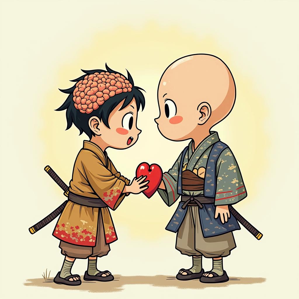 Samurai brain fighting samurai heartGhibli, Studio Ghibli aesthetic, hand-drawn anime style, retro nostalgic atmosphere, retro soft pastel color palette with earthy tones, retro Japanese cinematic shot, yellow tint effect, bald character, smooth surface, anime shadow 90's anime style - Variation 3