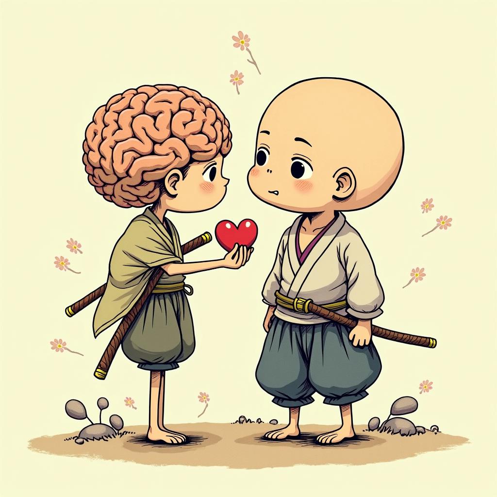 Samurai brain fighting samurai heartGhibli, Studio Ghibli aesthetic, hand-drawn anime style, retro nostalgic atmosphere, retro soft pastel color palette with earthy tones, retro Japanese cinematic shot, yellow tint effect, bald character, smooth surface, anime shadow 90's anime style - Variation 2