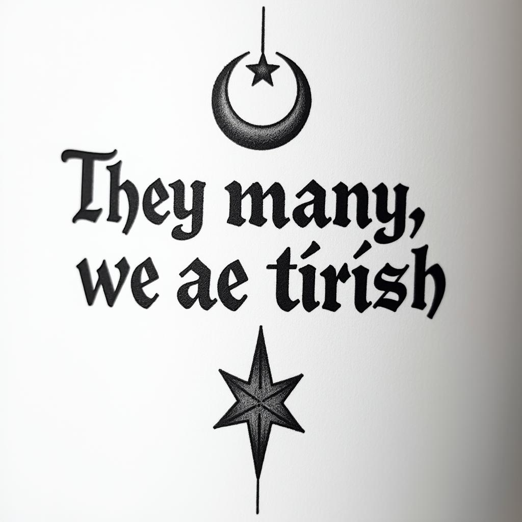 The sentence "They are many, we are Turkish!" is a tattoo designed in a traditional Turkish style, written in the Kutadgu Bilig alphabet, along with the crescent-star symbol.higly detailed tattoo - Variation 2