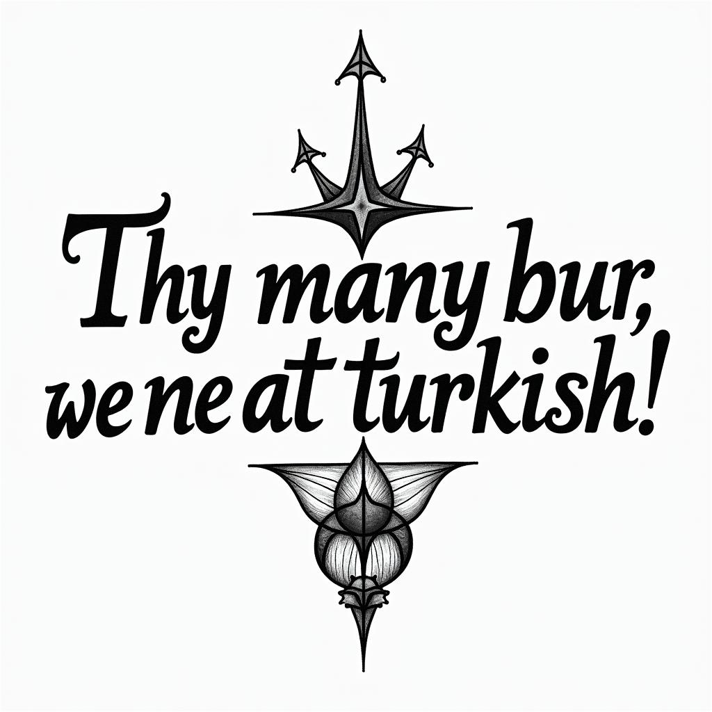 The sentence "They are many, we are Turkish!" is a tattoo designed in a traditional Turkish style, written in the Kutadgu Bilig alphabet, along with the crescent-star symbol.higly detailed tattoo - Variation 4