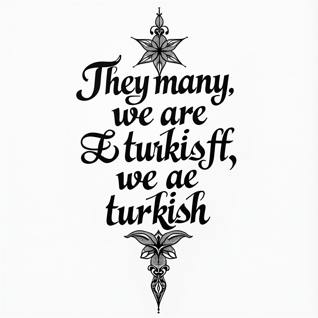 The sentence "They are many, we are Turkish!" is a tattoo designed in a traditional Turkish style, written in the Kutadgu Bilig alphabet, along with the crescent-star symbol.higly detailed tattoo - Variation 3