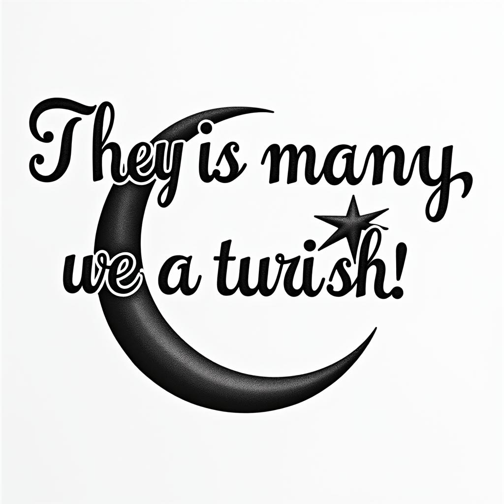The sentence "They are many, we are Turkish!" is a tattoo designed in a traditional Turkish style, written in the Kutadgu Bilig alphabet, along with the crescent-star symbol.higly detailed tattoo