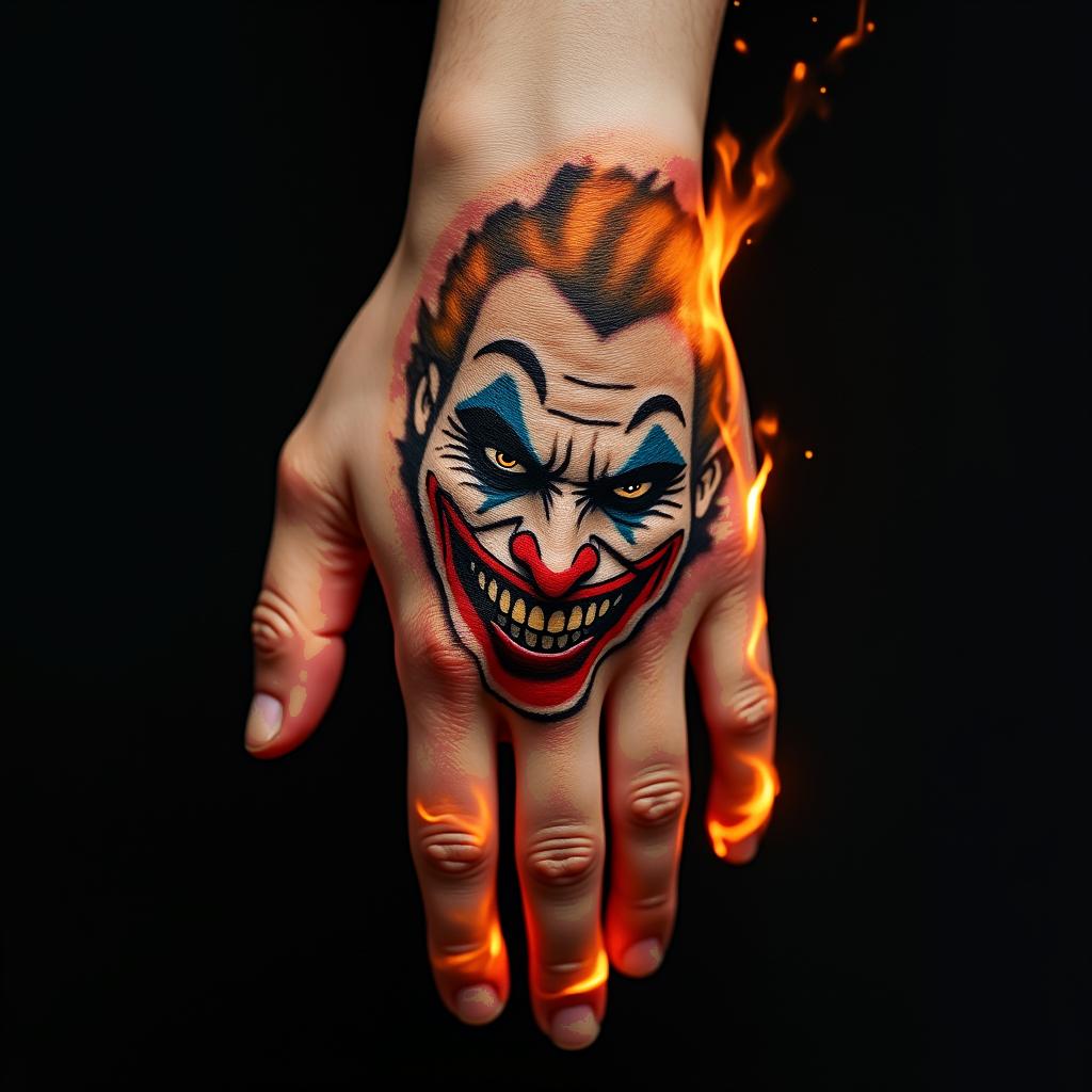 The Joker with a menacing smilein flame tattoo style showcasing fiery elements with dynamic flame patterns, glowing effect of flames, natural colors - Variation 1