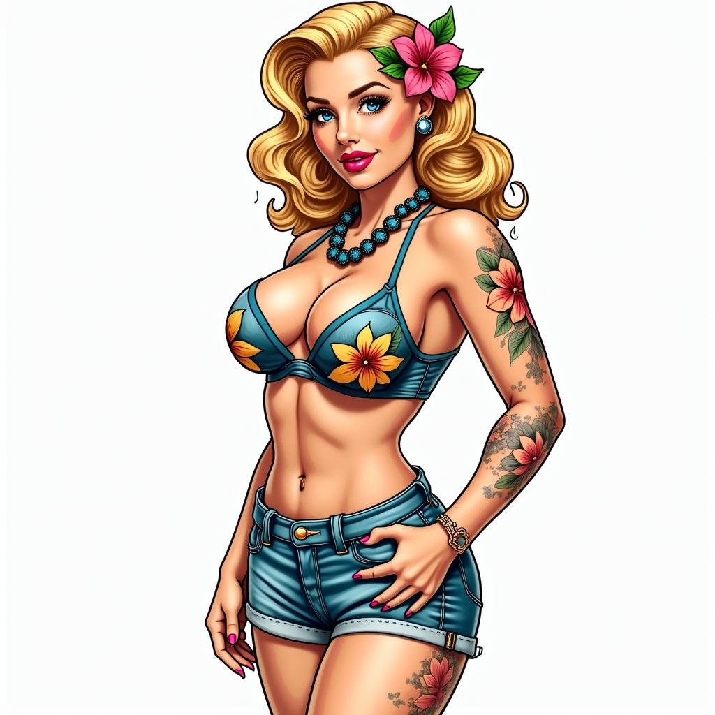 Create a pin-up girl with blonde hair in Hawaii. Full breasts, tight butt. Retro in colorful candy style, more from the front. A bit more clothing.in new school tattoo, pop culture, modern, detailed tattoo, illustrative - Variation 2