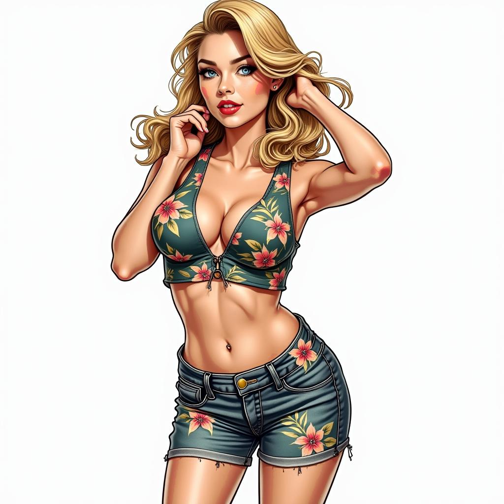 Create a pin-up girl with blonde hair in Hawaii. Full breasts, tight butt. Retro in colorful candy style, more from the front. A bit more clothing.in new school tattoo, pop culture, modern, detailed tattoo, illustrative - Variation 4