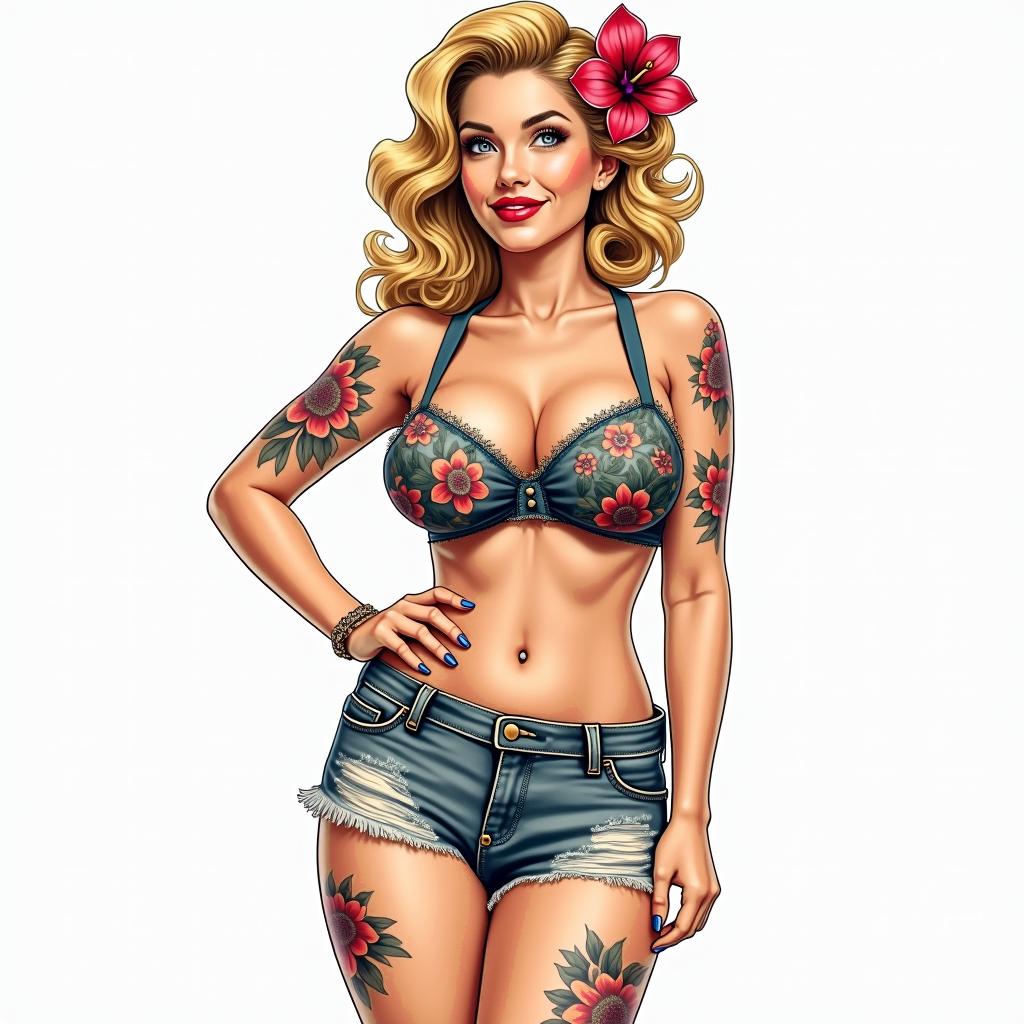 Create a pin-up girl with blonde hair in Hawaii. Full breasts, tight butt. Retro in colorful candy style, more from the front. A bit more clothing.in new school tattoo, pop culture, modern, detailed tattoo, illustrative - Variation 3