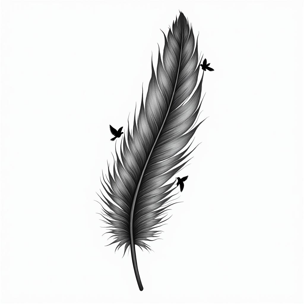 Feather with birdshigly detailed tattoo - Variation 7