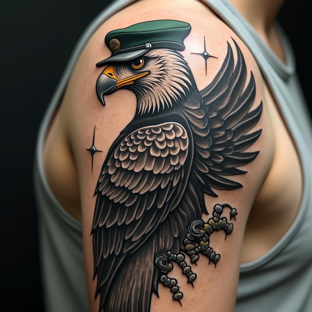 eagle with coat of arms in its mouth and with a laurel with a green beret and writing on its wing the series 394 K.E.A.Πtattoo in biomechanic style, the tattoo covered by robotic elements of futuristic cyberpunk design, robotic features detail, showcasing intricate mechanical components