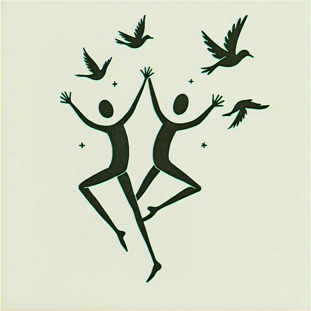 Feather with flying birdsabstract dancing figures in Keith Haring style, featuring bold black outlines and solid color fills, figures posed in dynamic and playful dance movements, minimalist design - Variation 4