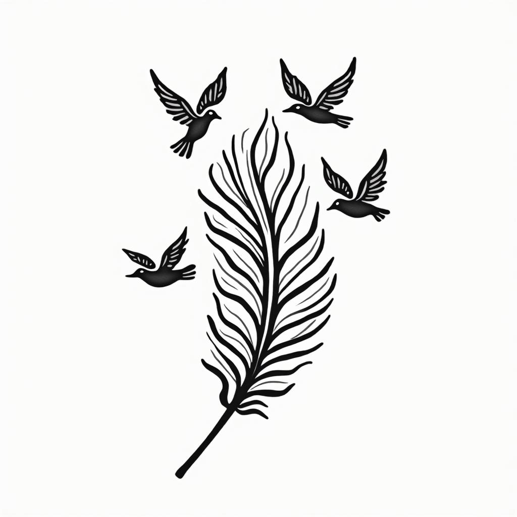 Feather with flying birdsabstract dancing figures in Keith Haring style, featuring bold black outlines and solid color fills, figures posed in dynamic and playful dance movements, minimalist design - Variation 3