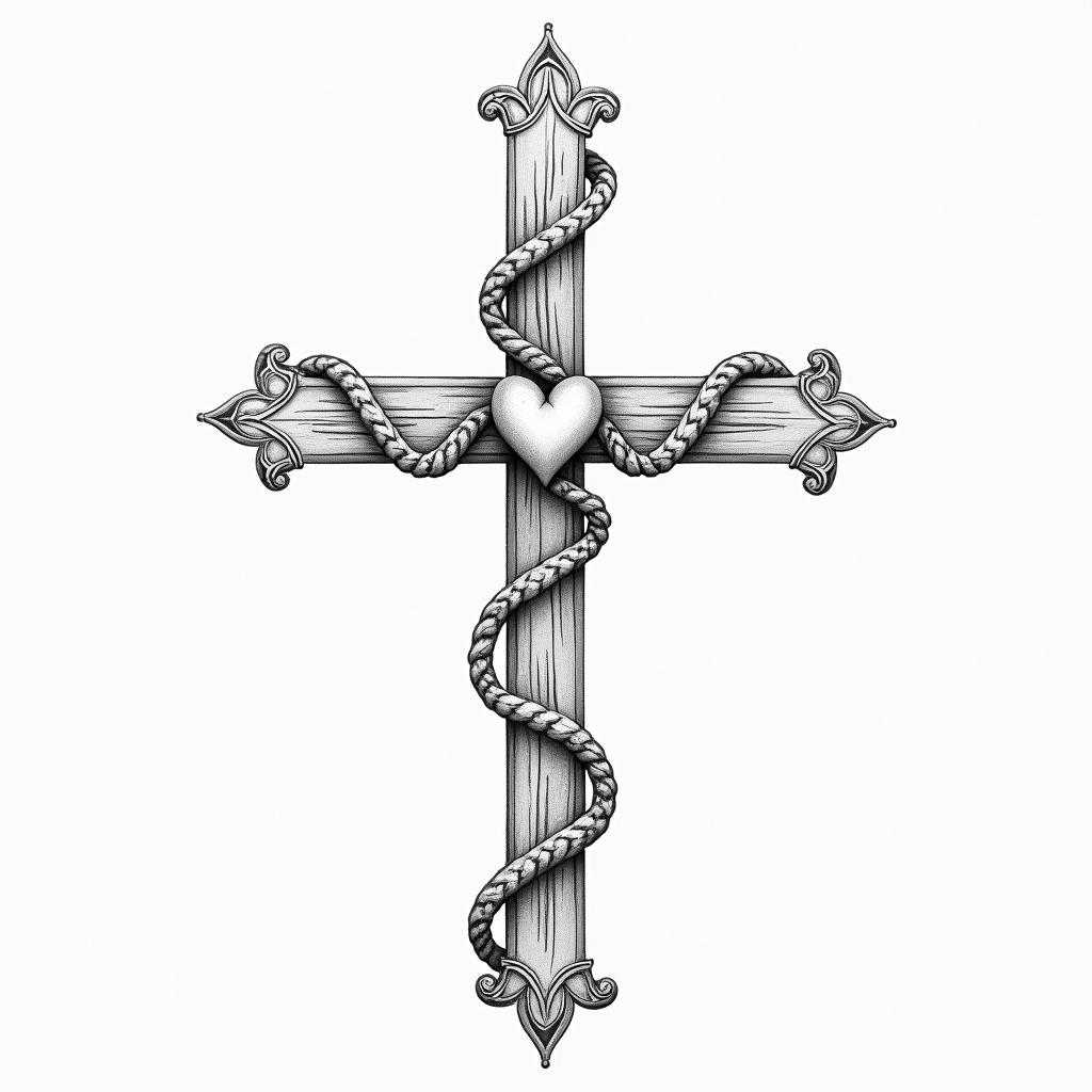 Rosary with quotes from biblein Modest style tattoo, featuring soft, delicate line work with simple and meaningful symbols, gentle waves, a heart, evoking a sense of serenity and grace, - Variation 4