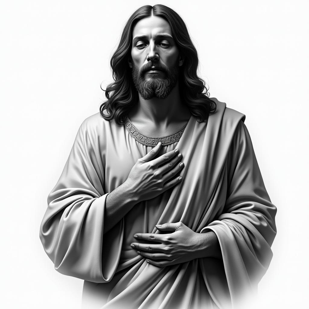 Jesus Christin realism tattoo style, featuring a highly detailed, lifelike, capturing every detail, photorealistic, ultra realistic, intricate shading, smooth and sharp,  