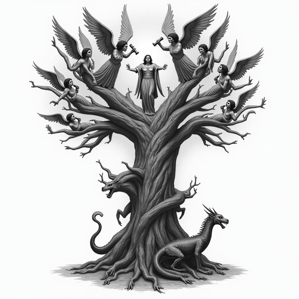 The biblical account of the apocalypse, the book of revelation in picture form. There's a central image of a fight tree. 7 Angels are at the top blowing each a trumpet. Below the tree 4 horsemen of the apocalypse and opposite is the whore of babalon riding a 7 headed dragon drinking from a chalice, spiling wine down her breasts.in realism tattoo style, featuring a highly detailed, lifelike, capturing every detail, photorealistic, ultra realistic, intricate shading, smooth and sharp, - Variation 2