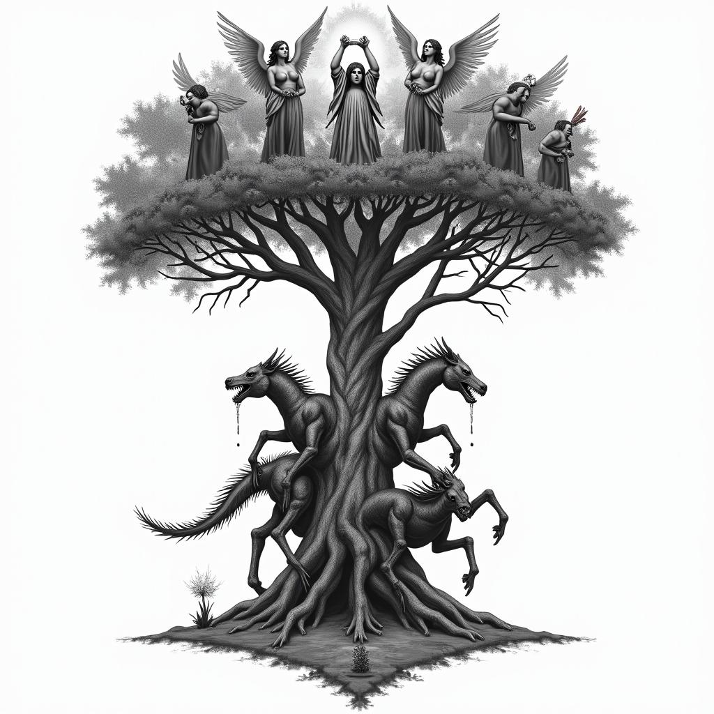 The biblical account of the apocalypse, the book of revelation in picture form. There's a central image of a fight tree. 7 Angels are at the top blowing each a trumpet. Below the tree 4 horsemen of the apocalypse and opposite is the whore of babalon riding a 7 headed dragon drinking from a chalice, spiling wine down her breasts.in realism tattoo style, featuring a highly detailed, lifelike, capturing every detail, photorealistic, ultra realistic, intricate shading, smooth and sharp, - Variation 3