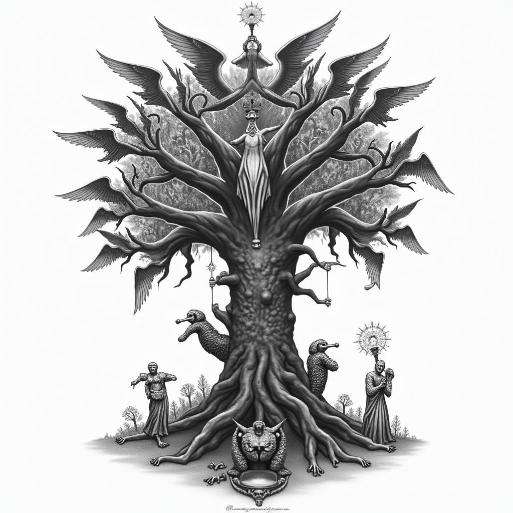 The biblical account of the apocalypse, the book of revelation in picture form. There's a central image of a fight tree. 7 Angels are at the top blowing each a trumpet. Below the tree 4 horsemen of the apocalypse and opposite is the whore of babalon riding a 7 headed dragon drinking from a chalice, spiling wine down her breasts.in realism tattoo style, featuring a highly detailed, lifelike, capturing every detail, photorealistic, ultra realistic, intricate shading, smooth and sharp, - Variation 4
