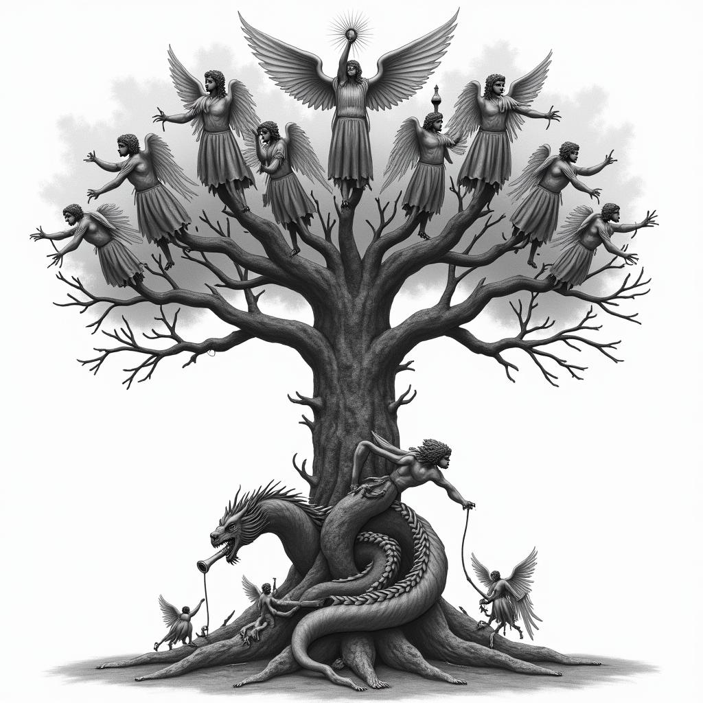 The biblical account of the apocalypse, the book of revelation in picture form. There's a central image of a fight tree. 7 Angels are at the top blowing each a trumpet. Below the tree 4 horsemen of the apocalypse and opposite is the whore of babalon riding a 7 headed dragon drinking from a chalice, spiling wine down her breasts.in realism tattoo style, featuring a highly detailed, lifelike, capturing every detail, photorealistic, ultra realistic, intricate shading, smooth and sharp,