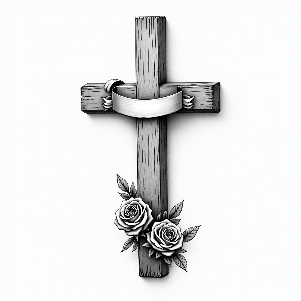 Realistic drawing of a In Loving Memory of cross with a ribbon or banner wrapped around it and having two roses on the bottom of it.in realism tattoo style, featuring a highly detailed, lifelike, capturing every detail, photorealistic, ultra realistic, intricate shading, smooth and sharp, - Variation 3