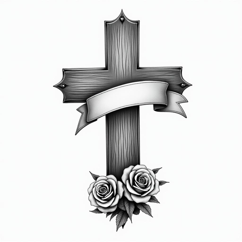Realistic drawing of a In Loving Memory of cross with a ribbon or banner wrapped around it and having two roses on the bottom of it.in realism tattoo style, featuring a highly detailed, lifelike, capturing every detail, photorealistic, ultra realistic, intricate shading, smooth and sharp, - Variation 2