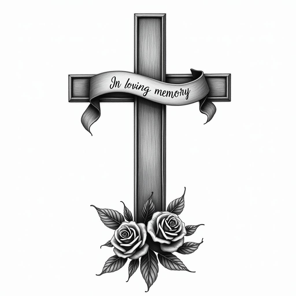 Realistic drawing of a In Loving Memory of cross with a ribbon or banner wrapped around it and having two roses on the bottom of it.in realism tattoo style, featuring a highly detailed, lifelike, capturing every detail, photorealistic, ultra realistic, intricate shading, smooth and sharp,  