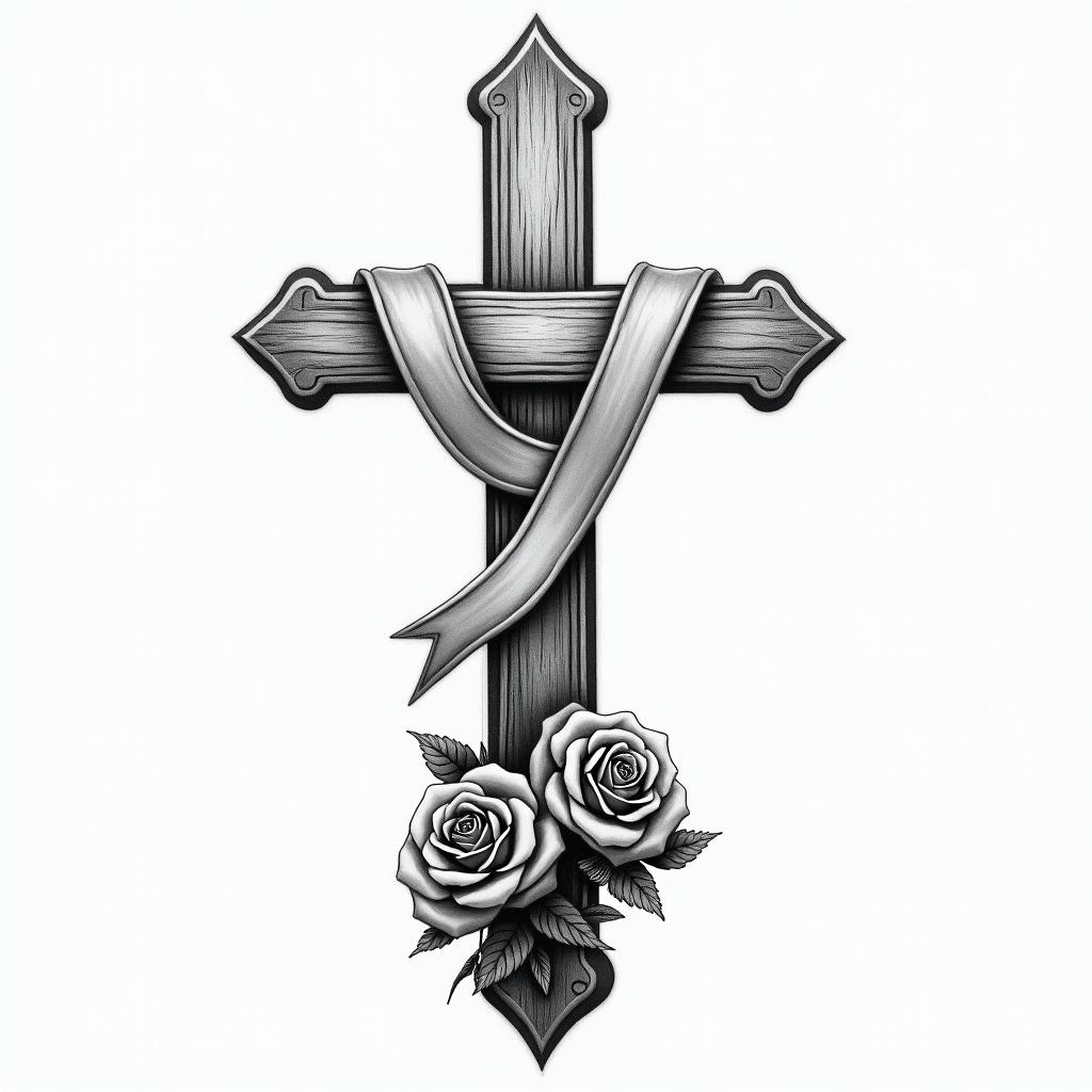 Realistic drawing of a In Loving Memory of cross with a ribbon or banner wrapped around it and having two roses on the bottom of it.in realism tattoo style, featuring a highly detailed, lifelike, capturing every detail, photorealistic, ultra realistic, intricate shading, smooth and sharp, - Variation 4