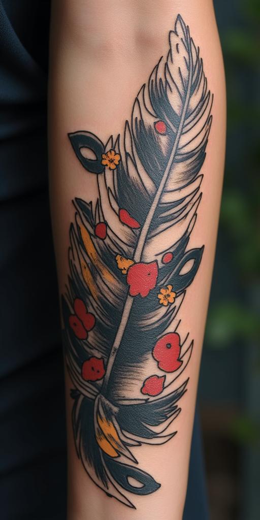 Feather with birdsin japanese style tattoo, detailed tattoo, traditional japanese culture tattoo, mythology, 8k - Variation 4