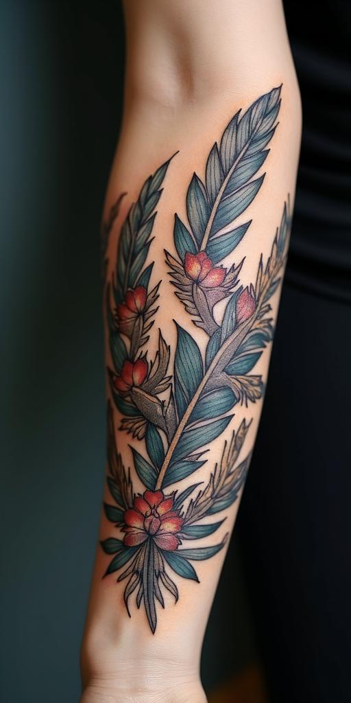 Feather with birdsin japanese style tattoo, detailed tattoo, traditional japanese culture tattoo, mythology, 8k - Variation 2