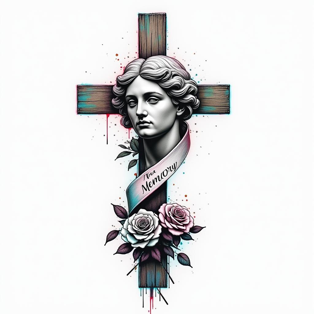 Realistic drawing of a In Loving Memory of cross with a ribbon or banner wrapped around it and having two roses on the bottom of it.in distorted and fragmented tattoo design, featuring a classical statue bust, in a glitch art style with vibrant, overlapping colors of cyan, magenta, and yellow, creating a digital distortion effect - Variation 3