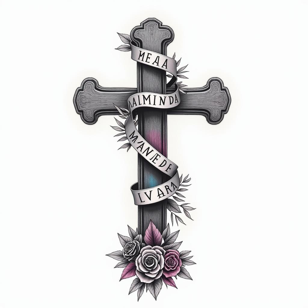 Realistic drawing of a In Loving Memory of cross with a ribbon or banner wrapped around it and having two roses on the bottom of it.in distorted and fragmented tattoo design, featuring a classical statue bust, in a glitch art style with vibrant, overlapping colors of cyan, magenta, and yellow, creating a digital distortion effect