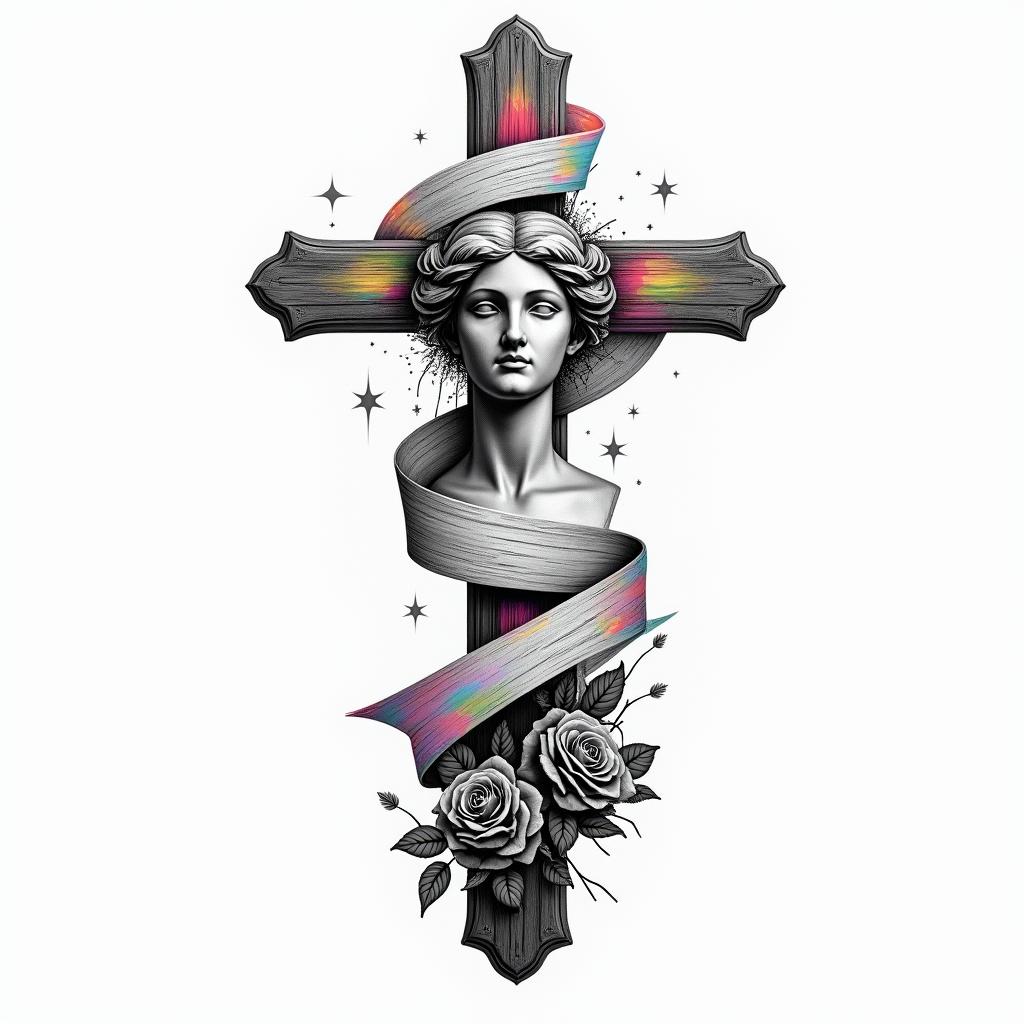 Realistic drawing of a In Loving Memory of cross with a ribbon or banner wrapped around it and having two roses on the bottom of it.in distorted and fragmented tattoo design, featuring a classical statue bust, in a glitch art style with vibrant, overlapping colors of cyan, magenta, and yellow, creating a digital distortion effect - Variation 2